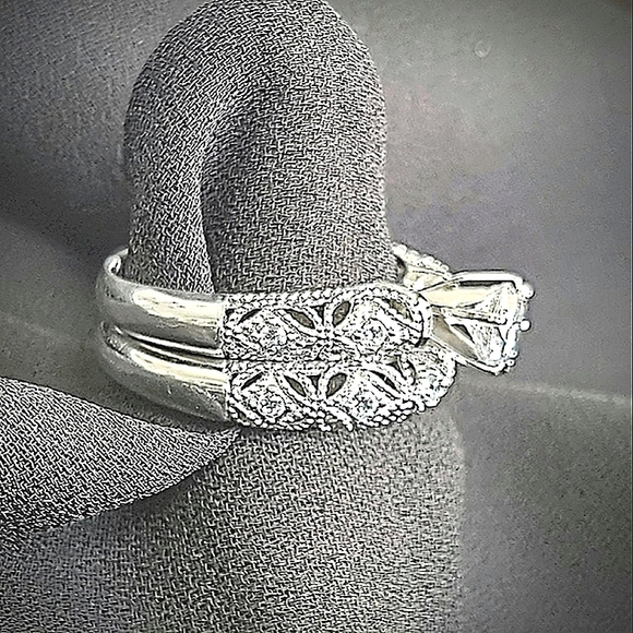 Vintage Style Sterling Silver Filigree Bridal Ring Set CZ Milgrain Details 925 - Picture 7 of 12